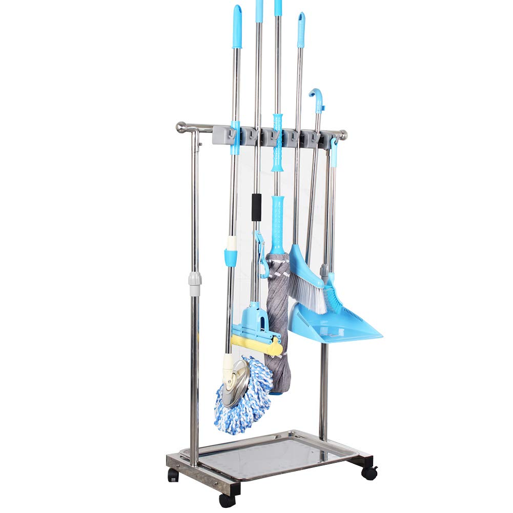 QTJH movable mop broom holder put wet mops floor standing cleaning tool rack stainless for schools, hospitals, factories, hotels, restaurant, etc.