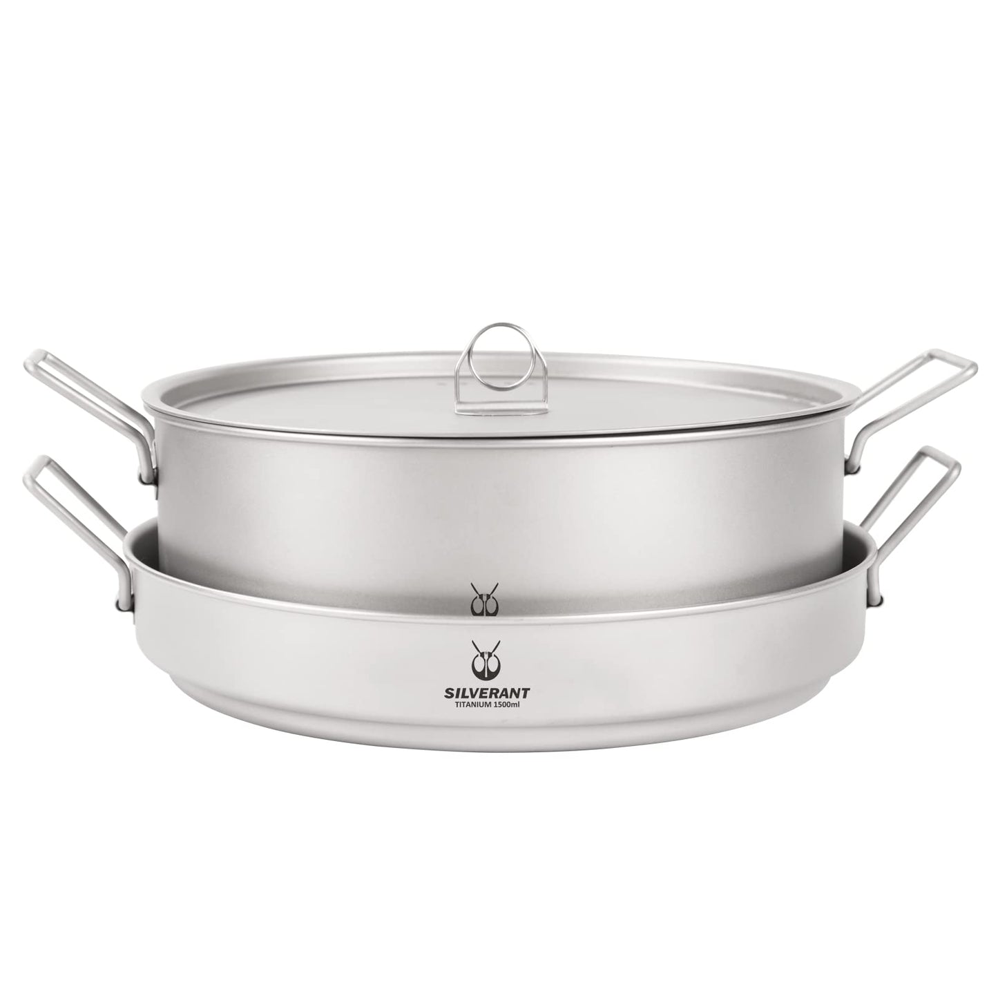 SILVERANT Ultralight Titanium Large 2-piece Pot & Pan Camping Cookware Set, Lightweight Titanium Camping Pot Mug with Hanger/Retractable Handles and Mesh Drawstring Bag
