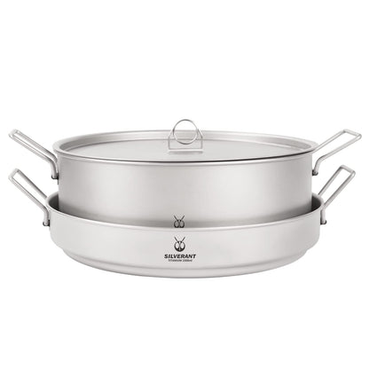 SILVERANT Ultralight Titanium Large 2-piece Pot & Pan Camping Cookware Set, Lightweight Titanium Camping Pot Mug with Hanger/Retractable Handles and Mesh Drawstring Bag