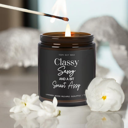 Classy Sassy and a Bit Smart Candle Funny Gifts for Women, Best Friend Birthday Gifts for Women, Anniversary, Friendship, Motivation, Lavender Wood Wild Apple Eucalyptus Scent Candle 9OZ