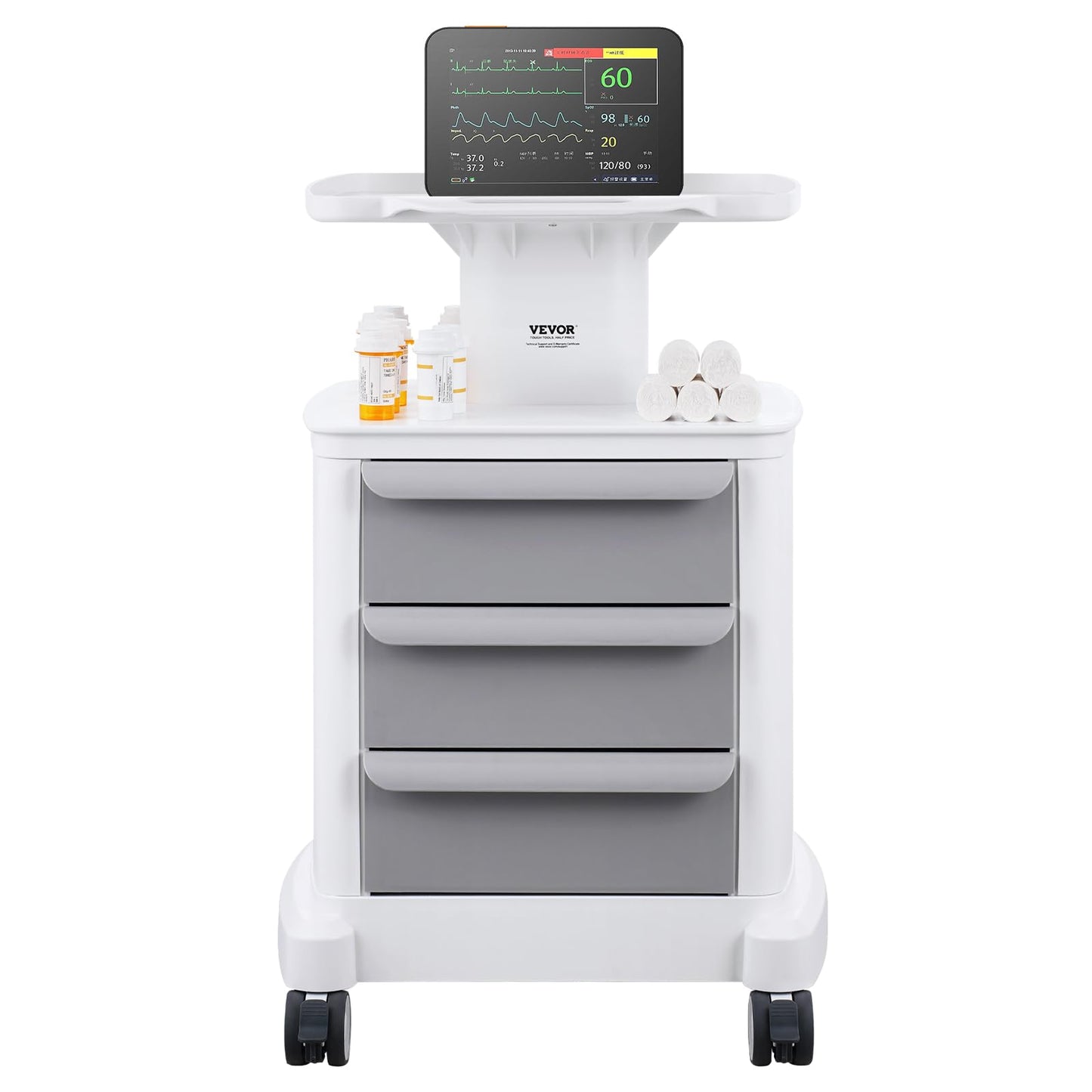 VEVOR 4 Tiers Lab Carts, Lab Utility Cart with 3 Drawers & 1 Top Tray, Mobile Medical Cart with ABS Material, Lab Rolling Cart with 4 Silent Wheels for Lab, Clinic, Hospital, Salon, White