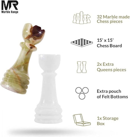 Marble Chess Set for Adults 15 Handmade White &amp Green Onyx Board Game with 32 Chess Pieces 2 Extra Queens &amp Storage Box Luxury Travel Game – Elegant Home Décor
