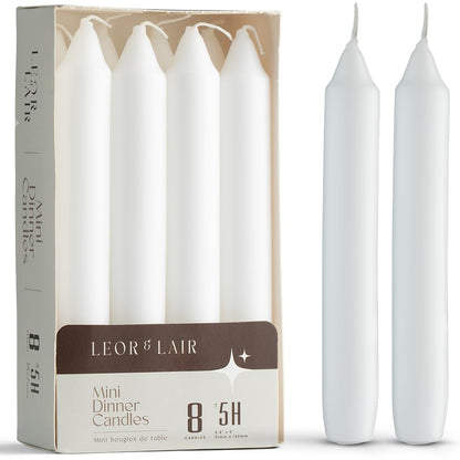 Leor & Lair 6 Inch Short Taper Candles – Pack of 8 White Candlesticks – Unscented Short Candle Sticks with Cotton Wick – 5 Hour Burn Small Taper Candles for Christmas, Weddings, Dinner