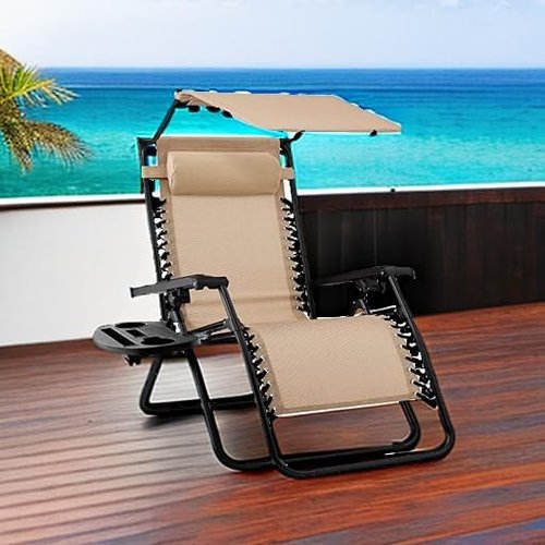 Best Choice Products Folding Zero Gravity Recliner Chair - Adjustable Canopy Shade, Headrest & Accessory Tray - Beige