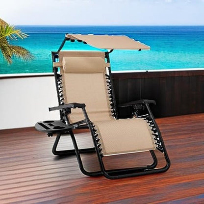 Best Choice Products Folding Zero Gravity Recliner Chair - Adjustable Canopy Shade, Headrest & Accessory Tray - Beige