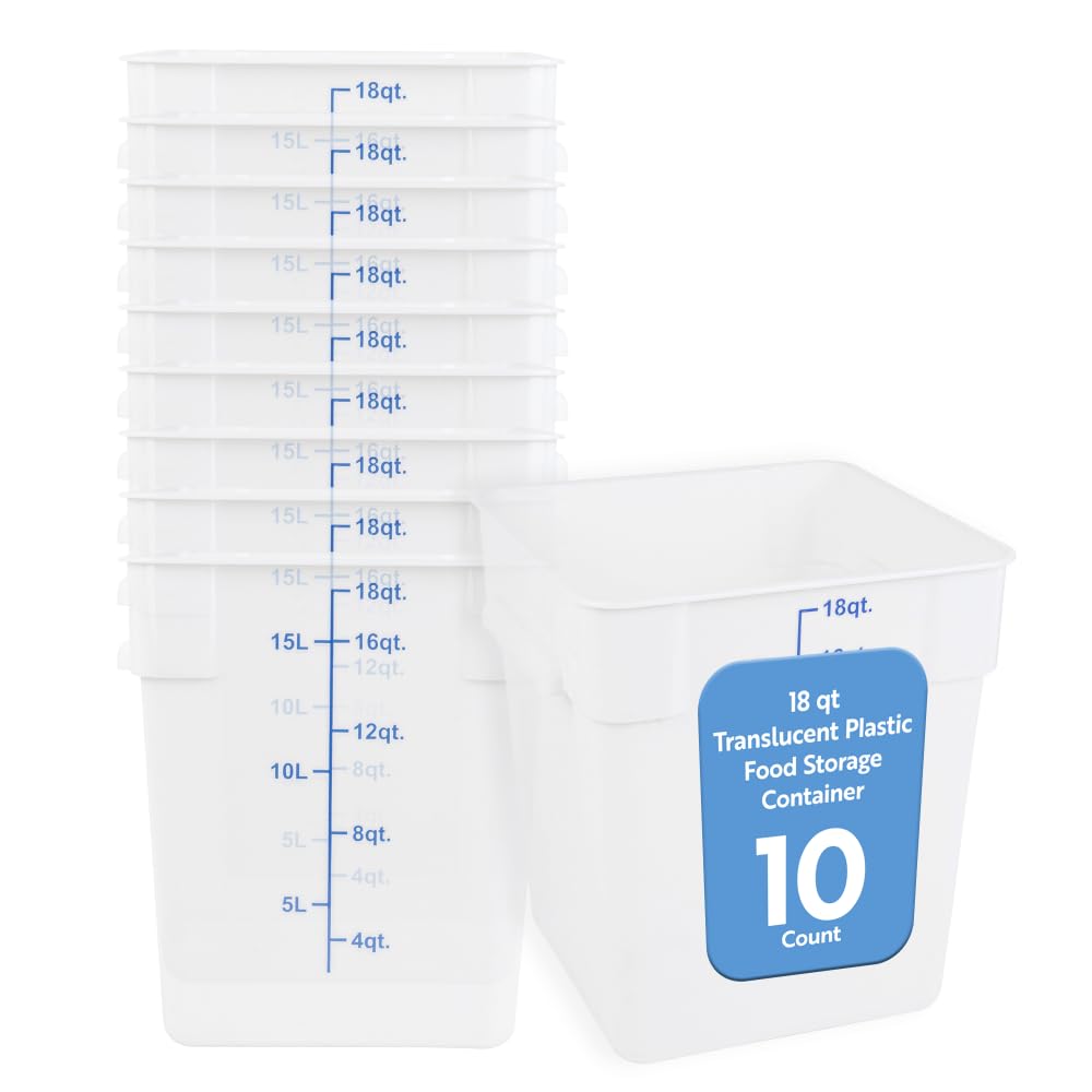 Restaurantware Food Storage Container 10 Pack of 18 qt Plastic Kitchen Storage Bin with Volume Markers Space-Efficient Design Dishwasher-Safe Polypropylene Translucent