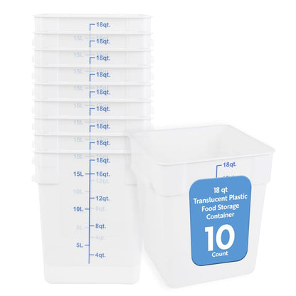 Restaurantware Food Storage Container 10 Pack of 18 qt Plastic Kitchen Storage Bin with Volume Markers Space-Efficient Design Dishwasher-Safe Polypropylene Translucent