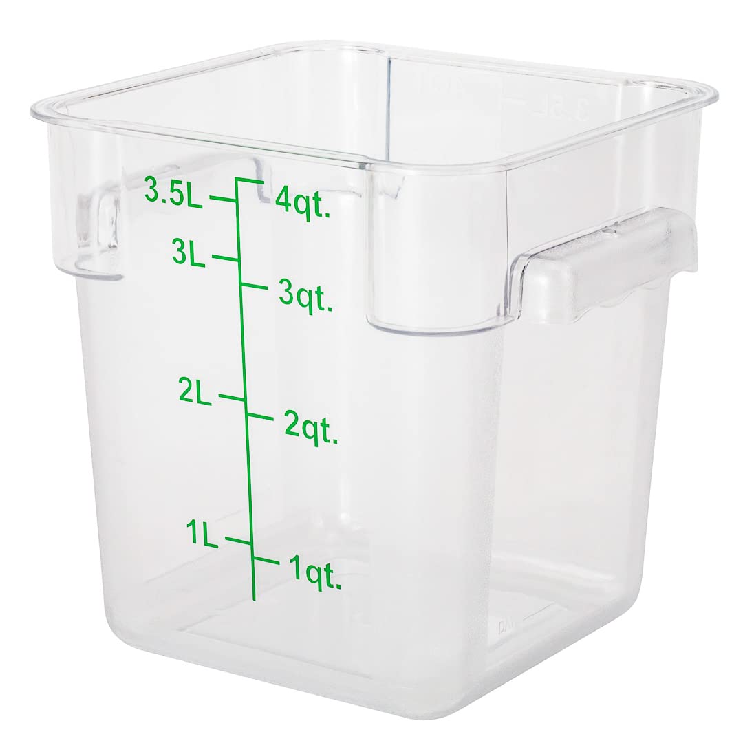 Restaurantware Met Lux 4 Quart Brine Buckets 10 Square Marinating Containers - With Volume Markers Built-In Handles Clear And Green Plastic Dough Rising Buckets Freezer-Safe Lids Sold Separately