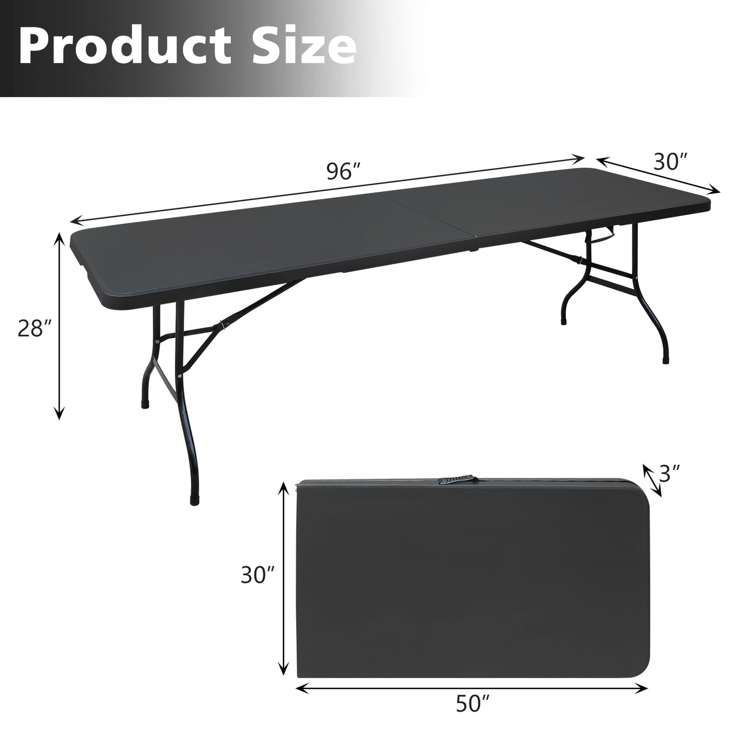 LSKSSNG Portable 8Ft Folding Table, Heavy Duty Plastic Fold-in-Half Utility Foldable Dining Table, Multi-Purpose Plastic Folding Table with Carrying Handle for Camping and Party Indoor/Outdoor (Black)