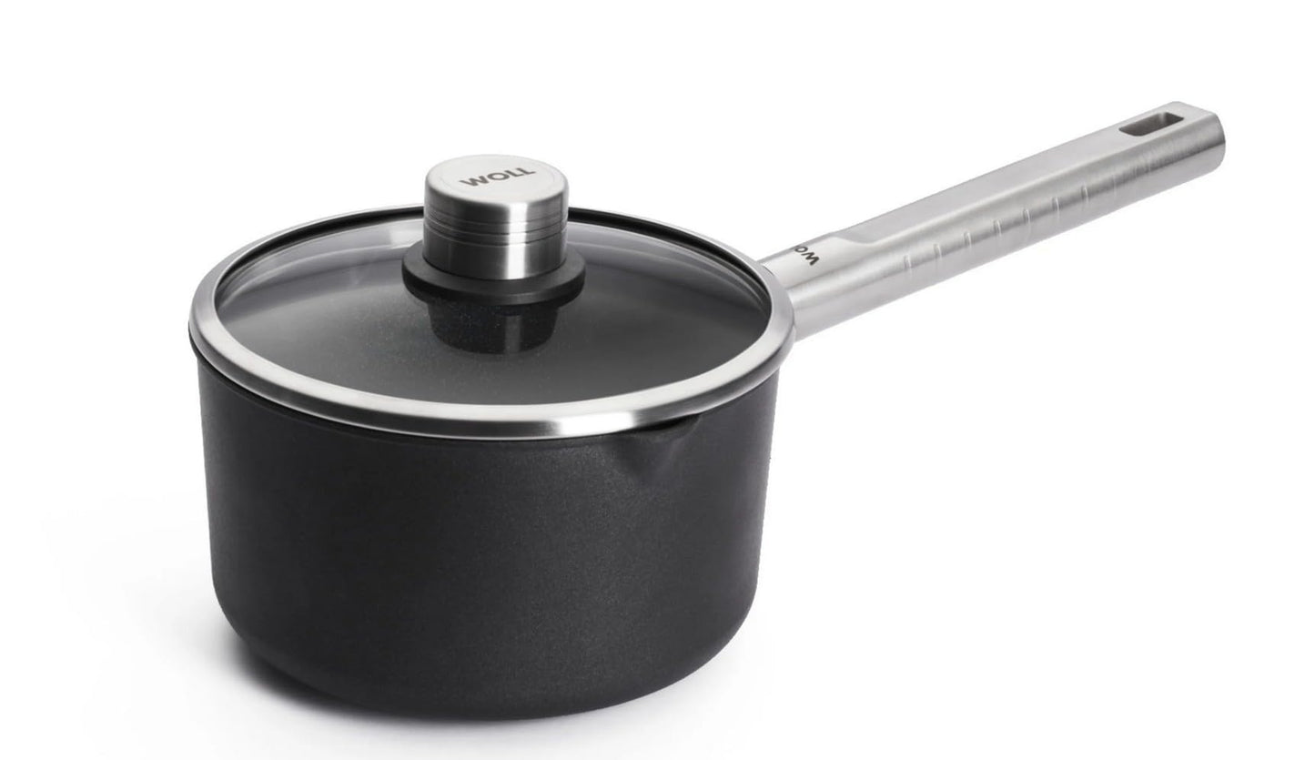 Woll ECO LOGIC PRO 8-Pc Cookware Set: 9.5" & 11" fry pans, 11" sauté pan, 7" saucepan, 9.5" stockpot + 3" lids. Made in Germany, Cast aluminum, Stainless Steel Handles, PFAS-free Diamond QXR nonstick.