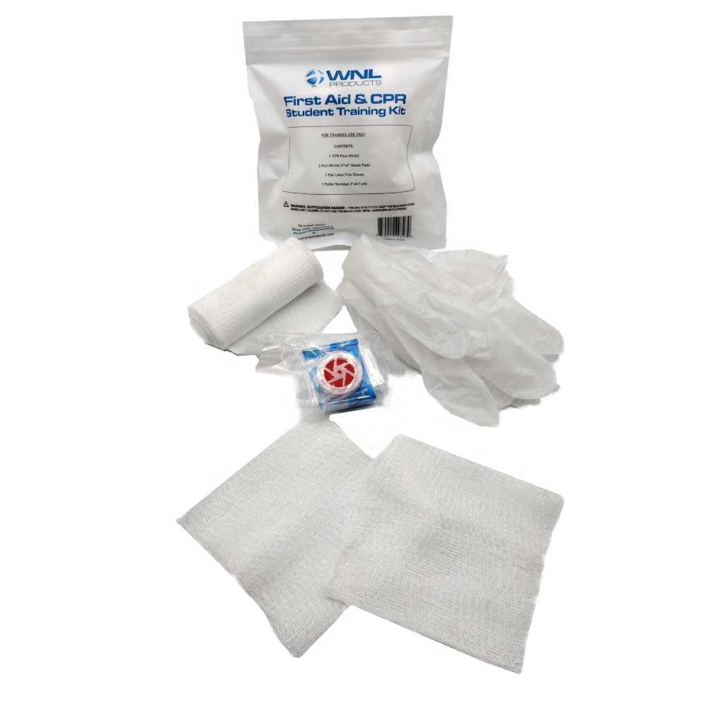 WNL Products 1402SF 100 Pack First Aid & CPR Training Kits for Students, Includes CPR Training Face Shield, Guaze Pads, Latex-Free Gloves & Bandages, 100 Pack