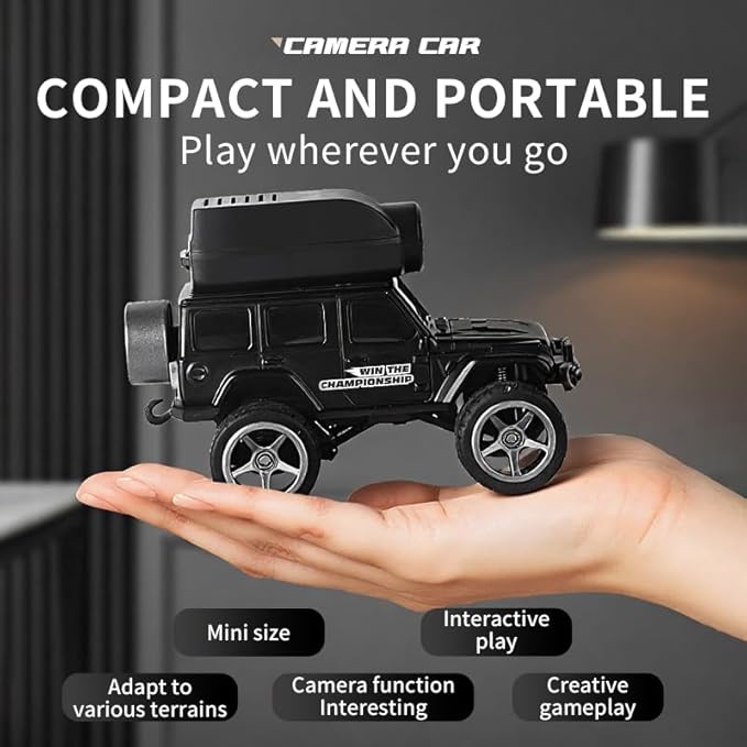 1:64 Mini Alloy Video RC Car – APP &amp Remote Control Built-in Camera for Real-Time Viewing Shock-Absorbing Climbing Design LED Lights 30m Range &amp 15min Runtime（Black）