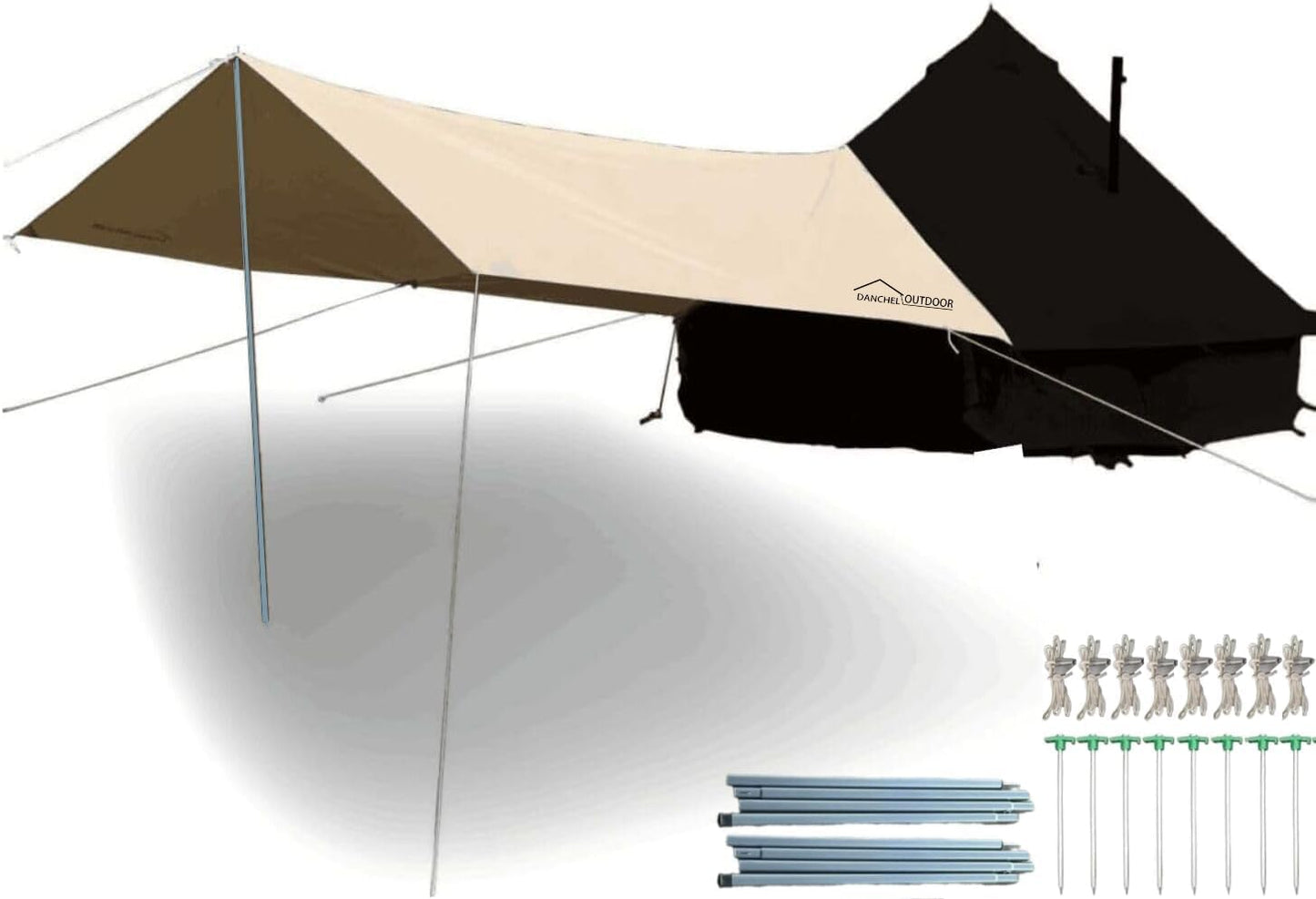 DANCHEL OUTDOOR Waterproof Bell Tent Awning Camping Tarp – Portable Entrance 4 Season Canopy Cover with 6.5ft Poles, Khaki 13x9.8ft Glamping Accessories