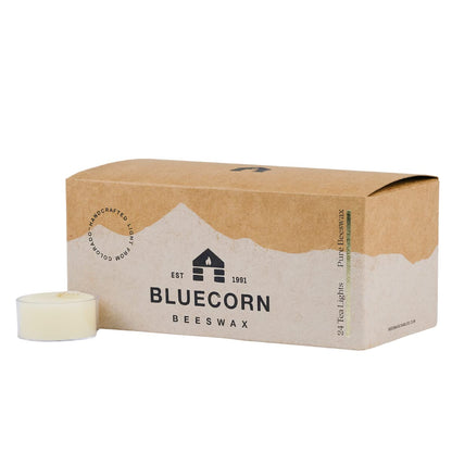 Bluecorn Beeswax Tea Light Candles, 100% Pure Natural Bees Wax, Ivory White Tea Lights, Fragrance Free, Paraffin & Soy Free Candle Wax, Clean Burning, Long Lasting (4-5 Hrs), American Made, 24 Pack