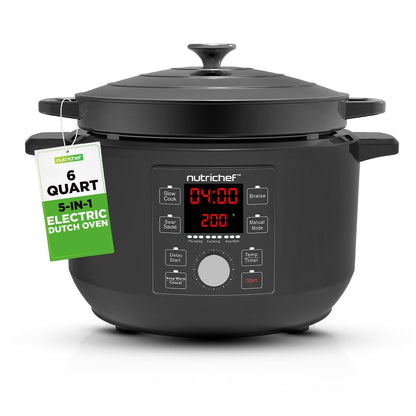 Nutrichef 6 Quart Electric Dutch Oven | 1500W 5-in-1 Enamel Coated Cast Iron Pot with Stainless Steel Lid | Precise Temperature Control | Includes 2 Silicone Pot Holders & Heat Resistant Pad | Black