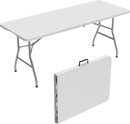 Allpop 6Ft Folding Table - Portable Plastic Dining Table with Carrying Handle for Indoor/Outdoor Use | White