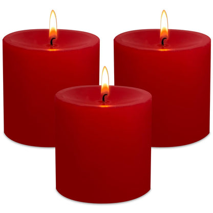 3" x 3" Hand-Poured Unscented Red Candle, Dripless Pillar Candle Set of 3, Long Clean Burning, Approx 40 Hours Burn Time, Rustic Country Style, Christmas, Wedding, Dinner and Home Decor