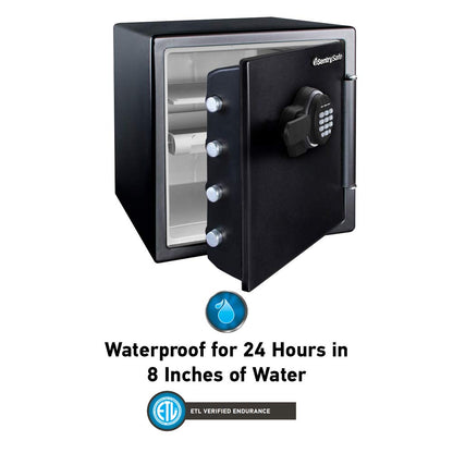 SentrySafe Fireproof and Waterproof Black Steel Home Safe with Digital Keypad Lock and Organization Trays for Money, Documents, 1.23 Cubic Feet, SFW123EU