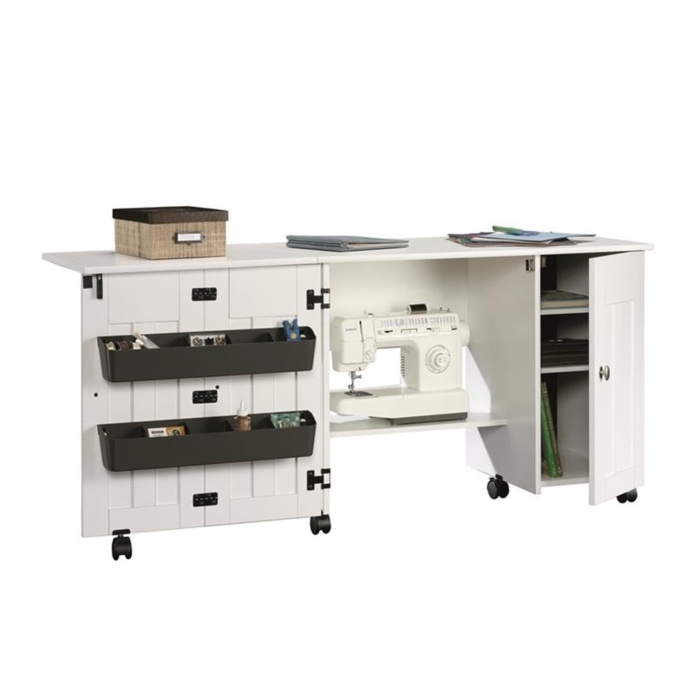 Sauder Folding SewingTable & Craft Cart Storage Cabinet, in Soft White