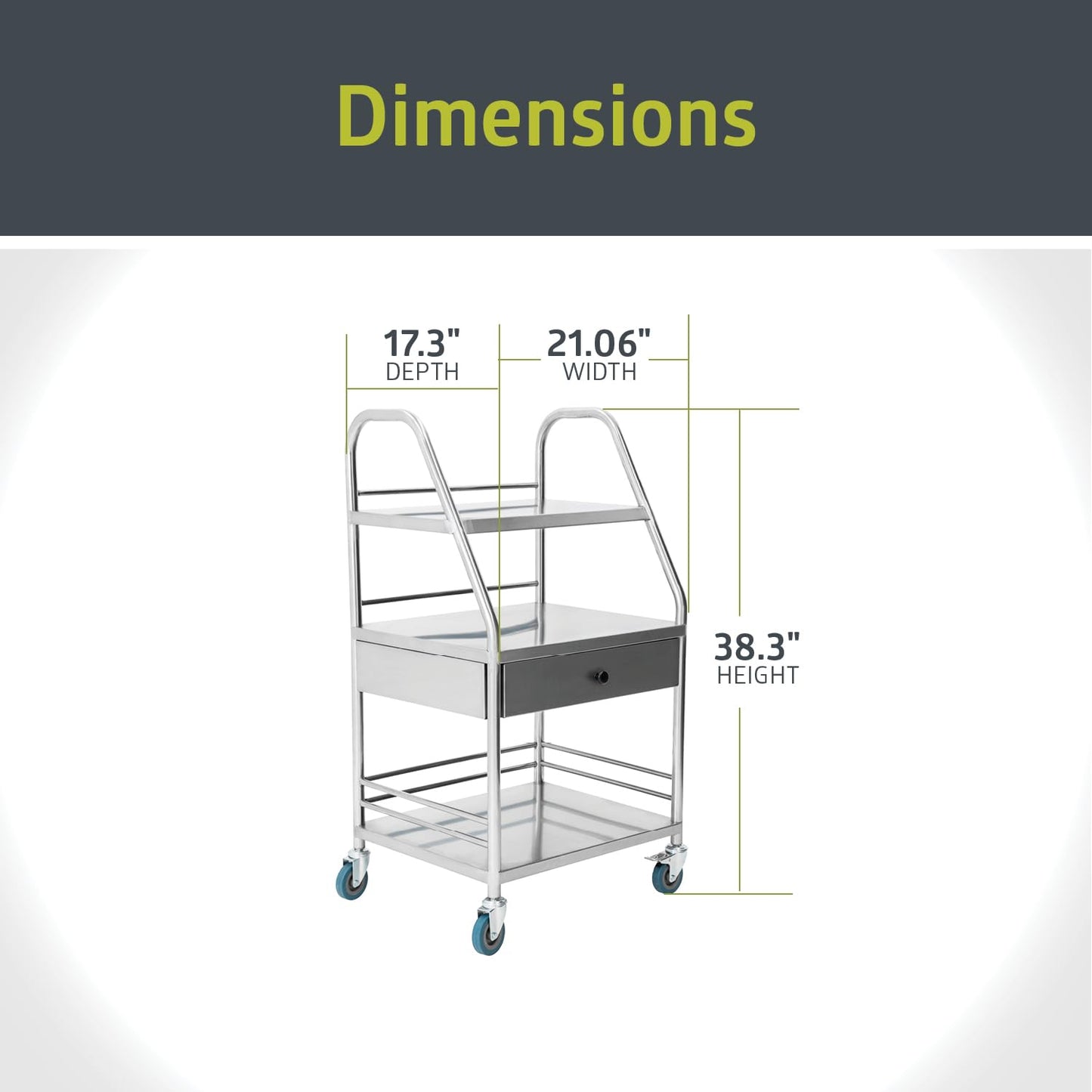 Pearington Rolling Medical and Lab Cart with 3 Shelves & Drawer, Transportable Workstation, Stainless Steel Mobile Storage Cart for Clinic, Salon, and More, 21.22'' L x 17.29'' W