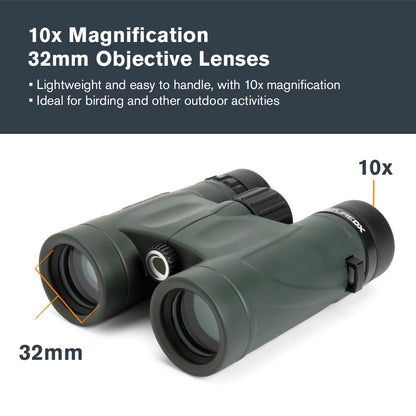 Celestron - Nature DX 10x32 Binoculars – Ideal for Birding and Outdoors – 32mm Objective Lenses – Wide 7.4° Field of View – BaK-4 Prisms – Fully Multi-Coated – Waterproof and Fogproof