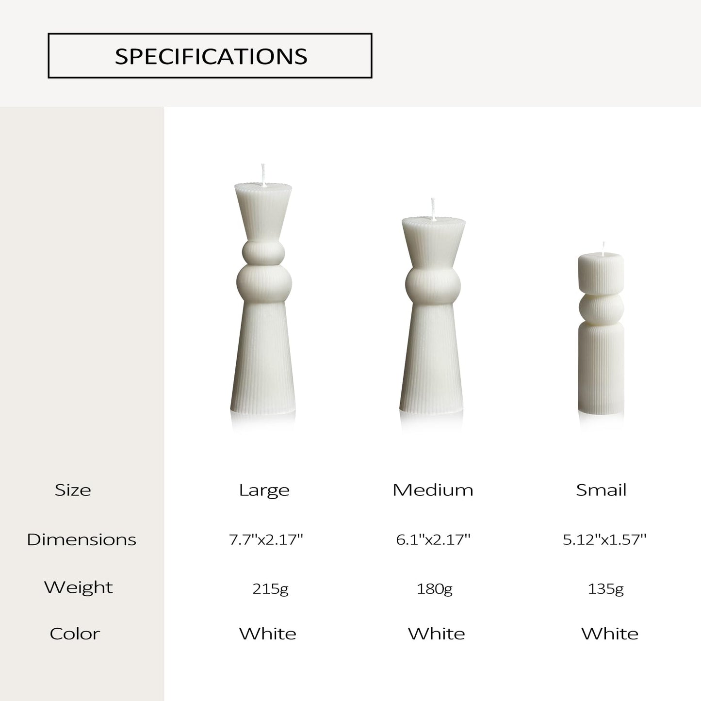 NATCENSE 3Pcs Pillar Candles Set - Handmade Ribbed Design for Modern Home Decor, Housewarming Gift, Room & Shelf Aesthetic Decoration, Long-Lasting Burning (White)