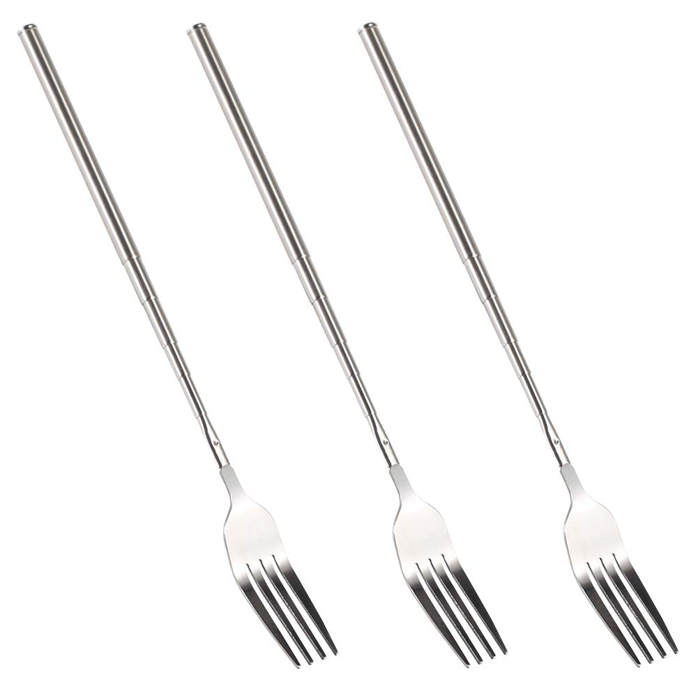 Telescopic Fork, 3PCS Stainless Steel Extendable Long Handle BBQ Dinner Fruit Dessert Fork, Sturdy and Durable 8.7-25.4inch