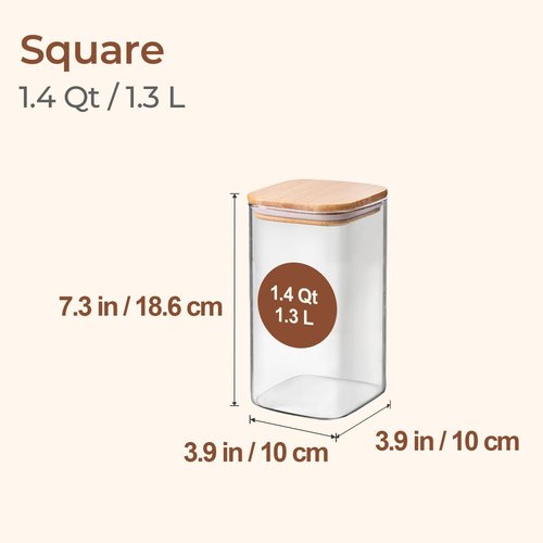 ComSaf Glass Storage Containers - 1.4 Qt Clear Jars with Lids | Set of 3 Square Canisters for Pantry Organization