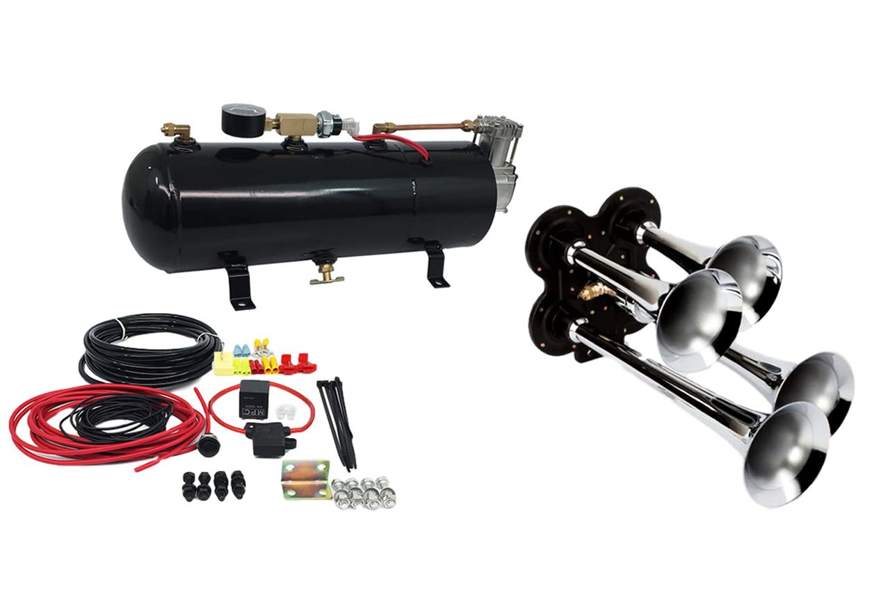 MPC 4 Trumpet Train Air Horn Kit - Fits Almost Any Vehicle: Truck, Car, Jeep, SUV. Includes Four Chrome Trumpets with All-In-One Air System: 110 PSI, 12-Volt Air Compressor, Tank, & More. Complete Kit