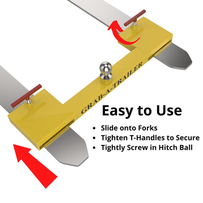 Grab-A-Trailer Forklift Hitch Attachment. Dual Pallet Fork Tow Adapter for Skid Steers and Forklifts with 500lb Tongue Weight Capacity, USA-Made. (Fits 1" Shank Tow Ball)