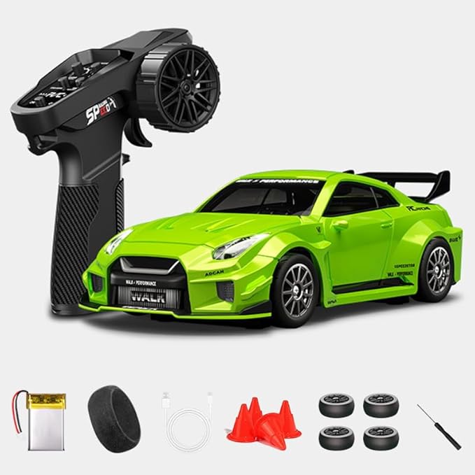 1:43 RC Drift Car D43-02 - 2.4G Full Proportional 4WD Alloy 20KM/H High Speed RC Racing Car with Gyro Silent Bearings Adjustable Speed &amp Lighting(Q3/Apple Green/D43-02)