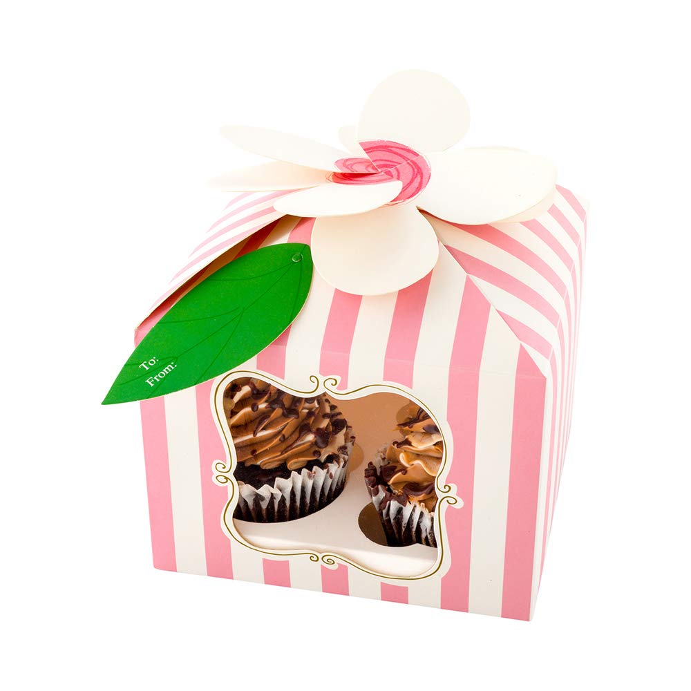 Restaurantware-Pastry Tek 7 x 7 x 5 Inch Cupcake Gift Boxes, 100 Fits 4 Cupcake Favor Boxes - Flower Top, Cupcake Inserts, Pink Paper Treat Boxes With Window, For Weddings Or Parties, Stripes