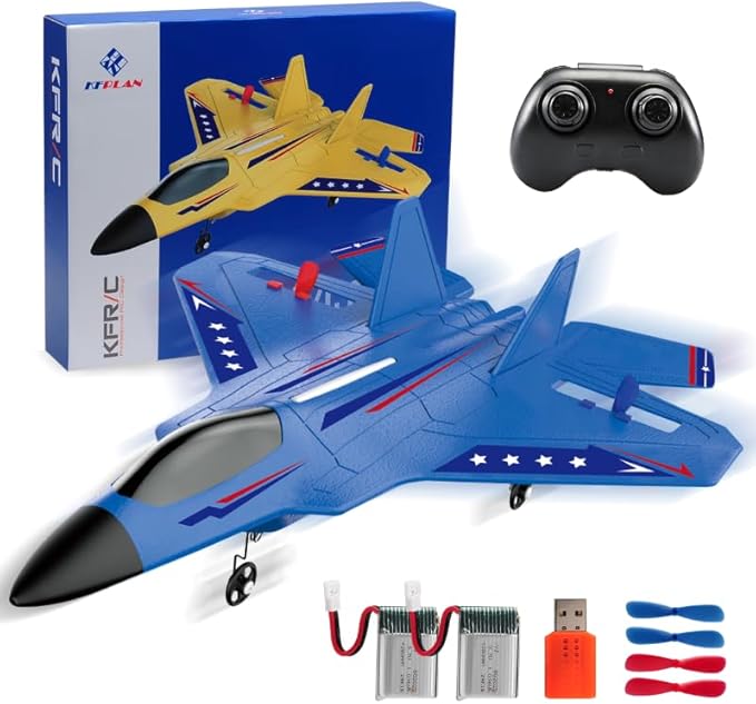 F22 RC Airplane Easy to Fly - 2.4GHz Remote Control Fighter Jet with Gyro Stabilizer &amp LED Lights 2 Batteries Foam RC Glider for Kids Boys Adults Beginners (Blue)