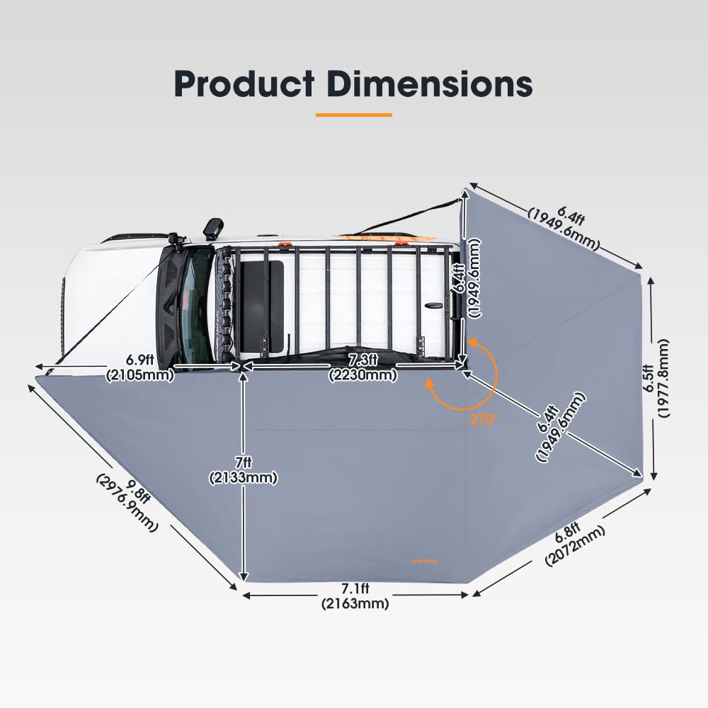 Sanhima 270 Awning Free Standing Built-in LED Light - 129.2 sq.ft Shelter Karlu Frontier Car Side Waterproof UV50+ Wind Resistant, Driver Side, 270 Degree Vehicle Awning for SUV Van Truck