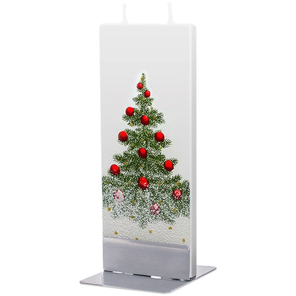 FLATYZ Handmade Christmas Candle - Classic Tree & Ornaments | Unscented, Drip-Resistant & Smoke-Free 2 Wick Candle for Home & Room Decor | Hand Painted, Flat Decorative Candles | Steel Stand Included