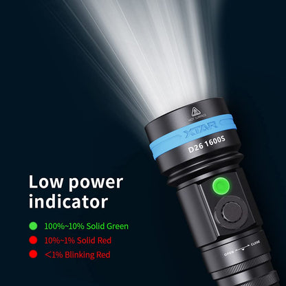 XTAR D26 1600 Lumen Scuba Diving Flashlight Dive Torch Underwater 100 Meters Submarine Lights for Under Water Deep Sea Cave at Night (Full Set)