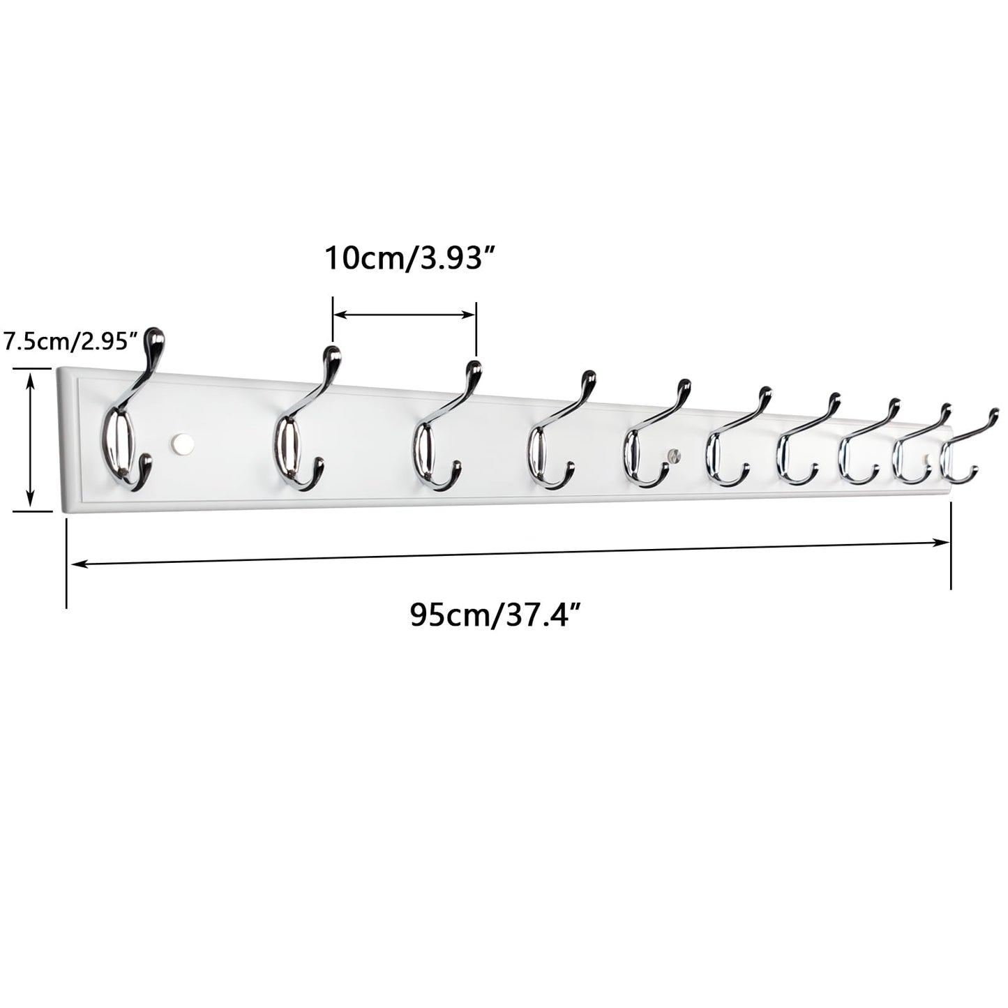lomejii 37 Inch Long Wooden Wall Mounted Coat Rack with 10 Silver Chrome Hooks for Entryway and Bedroom to Hang Coats, Hats - Heavy Duty Hooks School Bag