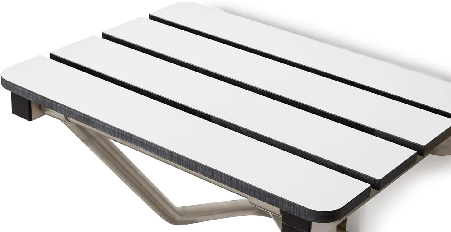 30" x 15" Phenolic White 3” Slats Folding Wall Mount Shower Seat Bench, ADA Compliant