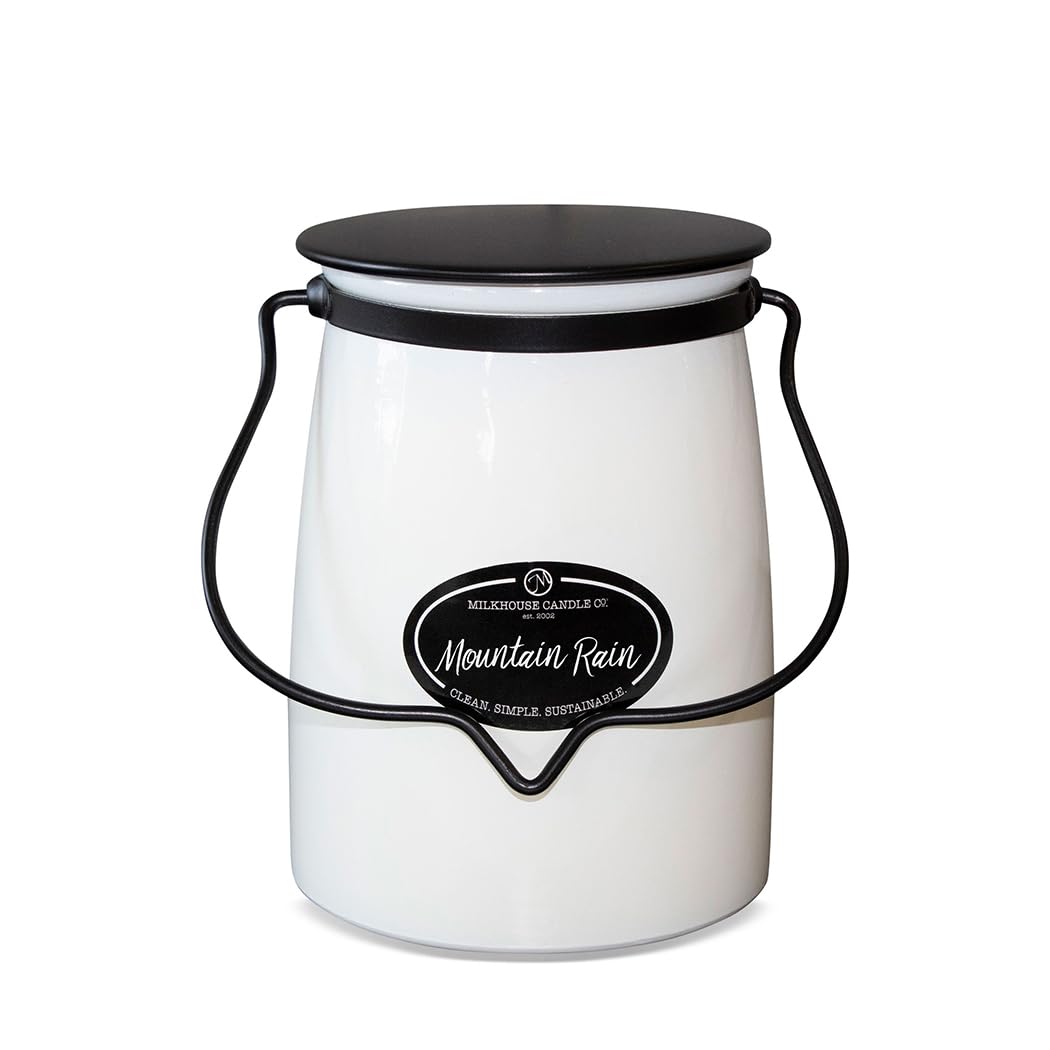 Milkhouse Candle Company Mountain Rain Soy Candle - Peppered Pine & Herbs | Harvest Apple & Cedar | Amber Musk Scented - 22 oz Butter Jar with Lid, 120+ Hour Burn Time, Made in the USA