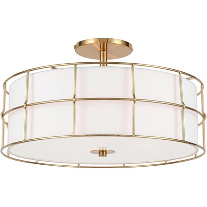 Dainolite Alcala Semi-Flush Mount Ceiling Light Fixture, Dimmable, 16in , Aged Brass, White Fabric Shade, Model ALC-163SF-AGB