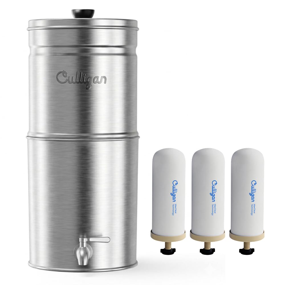 Culligan MaxClear 3 Gallon Gravity Water Filter System, Brushed Stainless-Steel Countertop Water Filter NSF/ANSI Certified to Reduce Microplastics, Lead & Total PFAS, with 3 Ceramic Filters