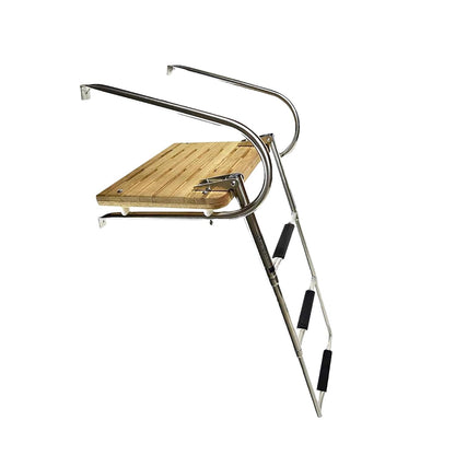 MARINE CITY Stainless Steel Swim Teak Platform Boat Ladder, Low Maintenance Ideal for Marines, Boats, Ships, Yachts (Teak I/B (3 Steps))