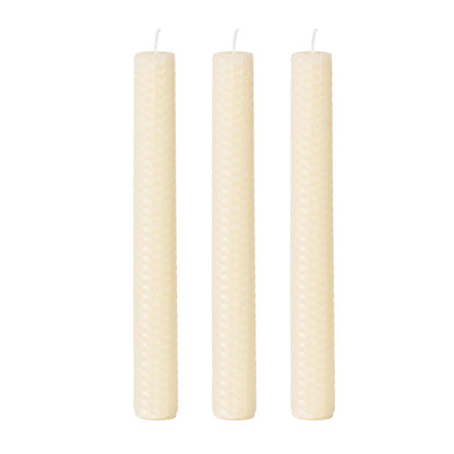 KONNI Natural Beeswax Taper Candles, 0.87 inch x 7.87 inch Hand-Rolled, Unscented, Smokeless Beeswax, Long Burning Time, Flat Top (Pack of 3), for Weddings, Dinner Parties, Spas, and Home Decor