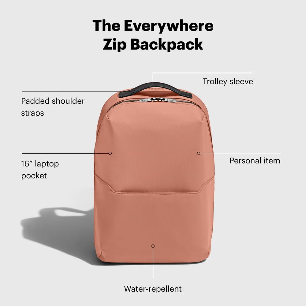 Away The Everywhere Zip Backpack - Personal Item Airline Approved Backpack with 16” Padded Laptop Sleeve, Water Bottle Pocket, Interior and Exterior Pockets - Fits Up to 16-Inch Laptops - Clay Pink