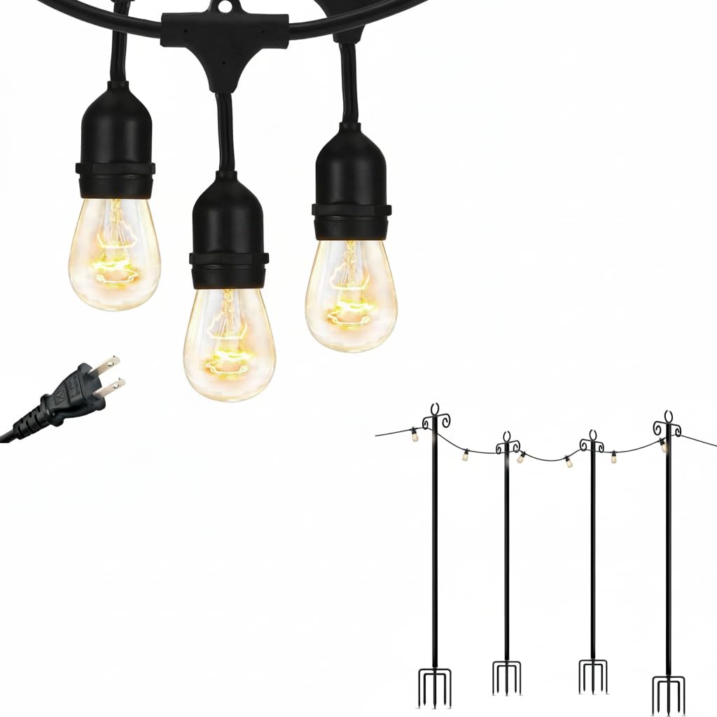 Brightech Bundle Ambience Pro Incandescent Outdoor String Lights - Commercial Grade Waterproof Patio Lights with 24Ft + 4-Pack 10FT String Light Poles