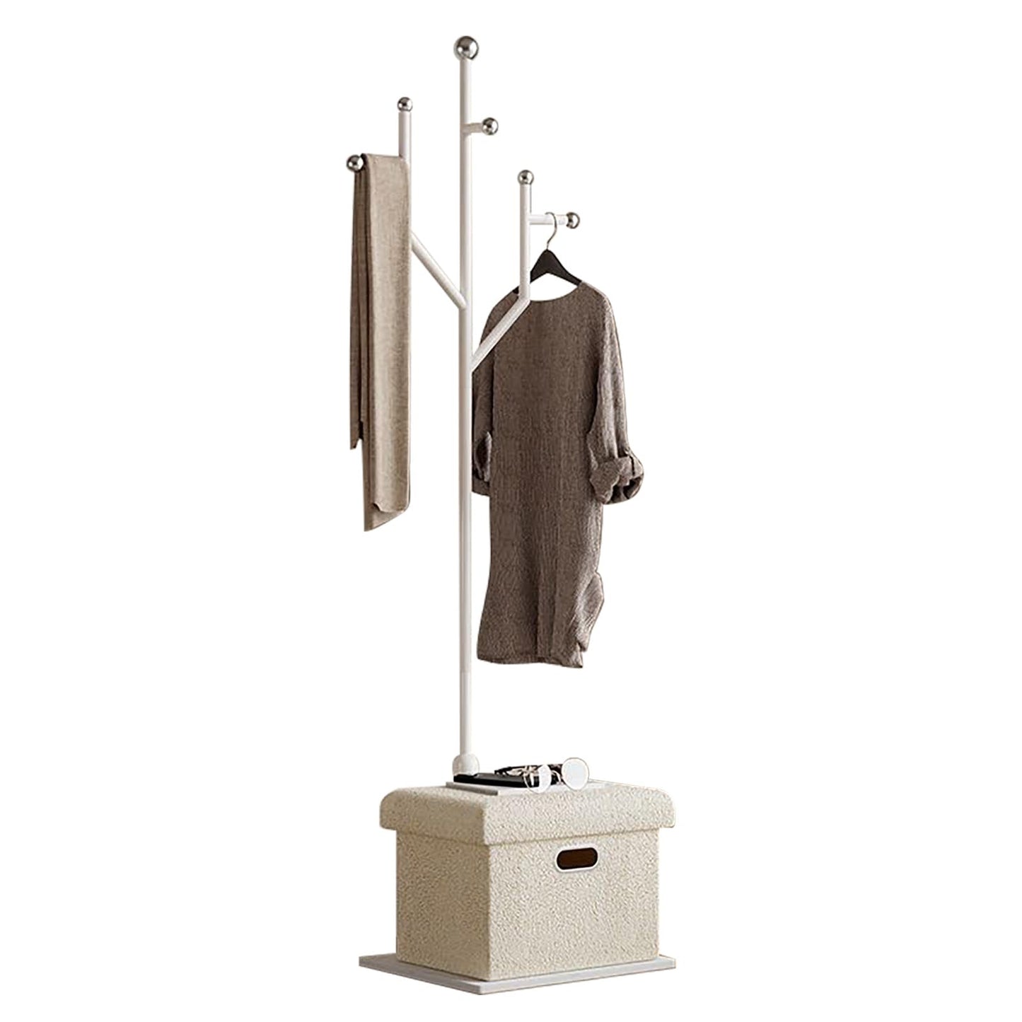 Ronsan Coat Rack Stand with Storage Box, Freestanding Metal Coat Tree with Natural Marble Base, 8-Hook Coat and Hat Rack for Entryway, Hallway, Bedroom and Office, White