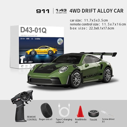 D43-01 1:43 Scale 2.4G Full Proportional 4WD Alloy RC Drift Car with Gyro System Silent Bearings Adjustable Speed &amp LED Lights for Adults High Speed Remote Control Racing Car
