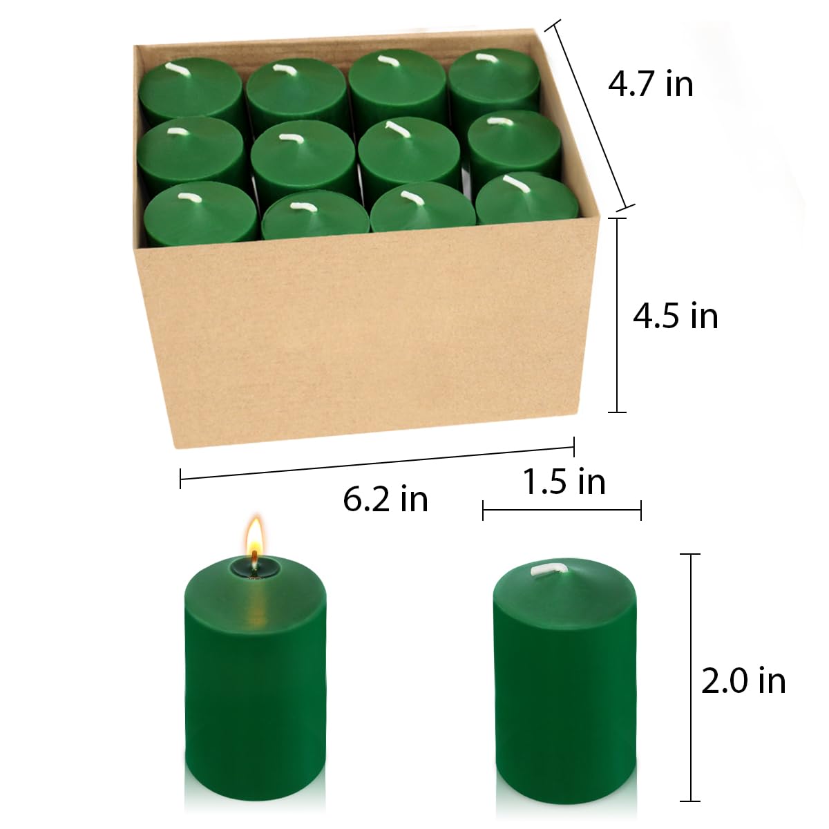 24 Packs Green Votive Candles, Unscented Small 1.5 Inch by 2.0 Inch Wax Candles for St. Patrick's Day Patty Day, Wedding, Party & Home Dinner Table - 12 Hour Burn Time