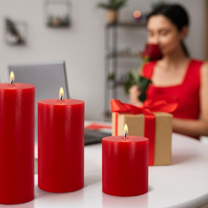 Red Pillar Candles - Unscented Pillar Candles Set of 3 - Dripless, Smokeless for All Occasions (3” W x 3”, 4”, and 6” H), Enjoy Over 150 Hours of Total Burn Time