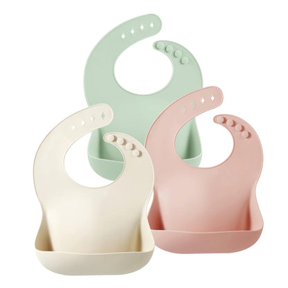 PandaEar Silicone Baby Bibs Set of 3 for Toddlers, BPA Free Waterproof Adjustable Feeding Bib with Large Pocket Food Catcher (Pink)